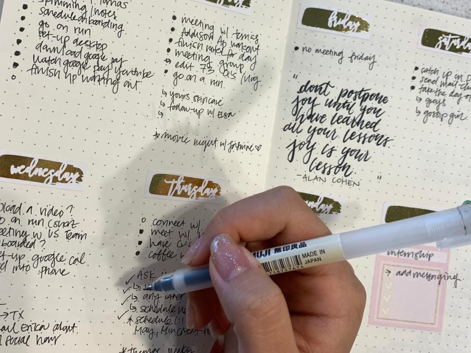 Song makes it a daily ritual to write in her bullet journal to stay organized. Angelica Song