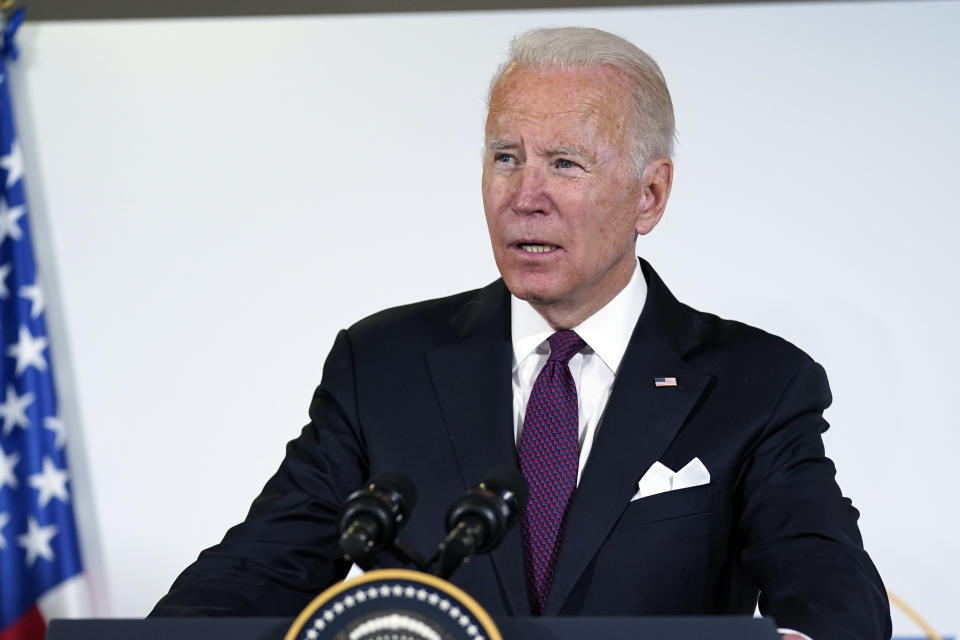 President Joe Biden and European Commission president Ursula von der Leyen, not shown, talk to reporters about pausing the trade war over steel and aluminum tariffs during the G20 leaders summit, Sunday, Oct. 31, 2021, in Rome. (AP Photo/Evan Vucci)