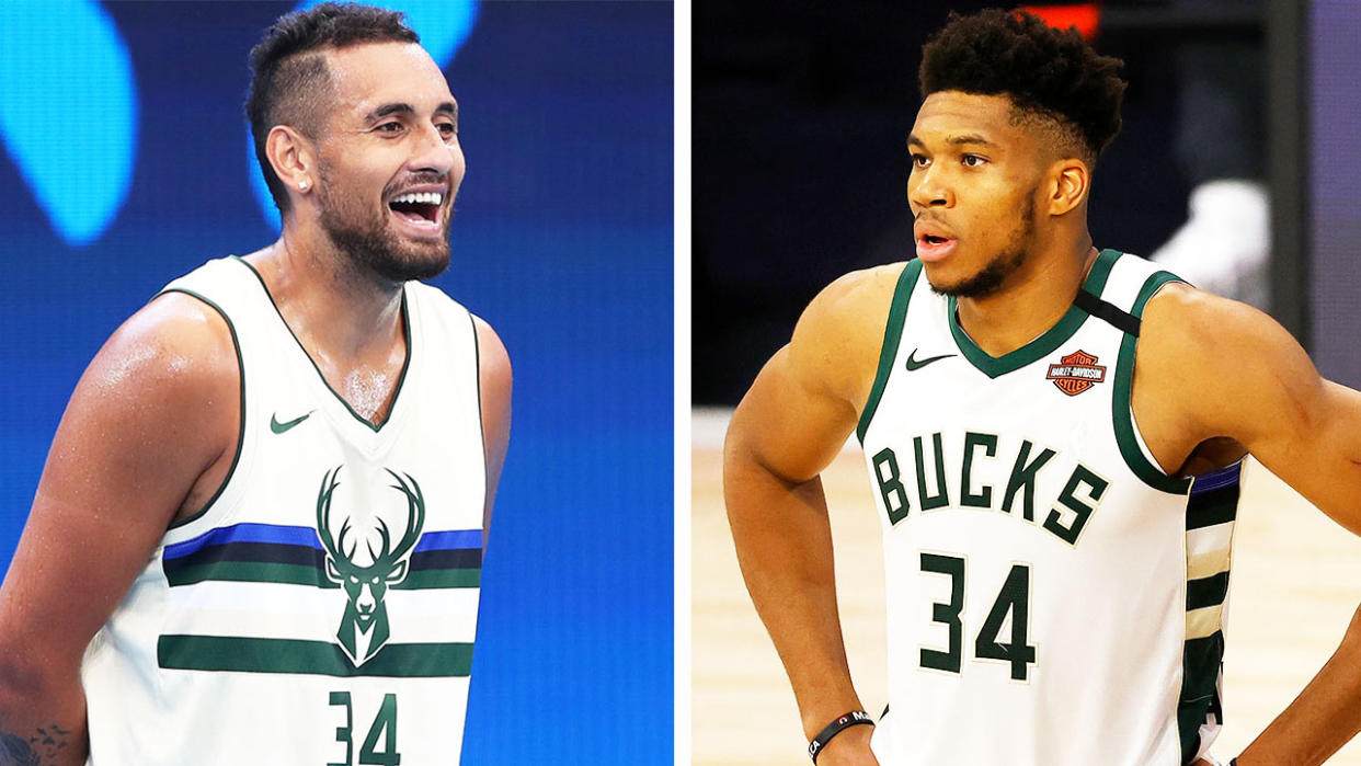NBA MVP Giannis Antetokounmpo (pictured right) during a match and Aussie tennis star Nick Kyrgios (pictured left) during practice.