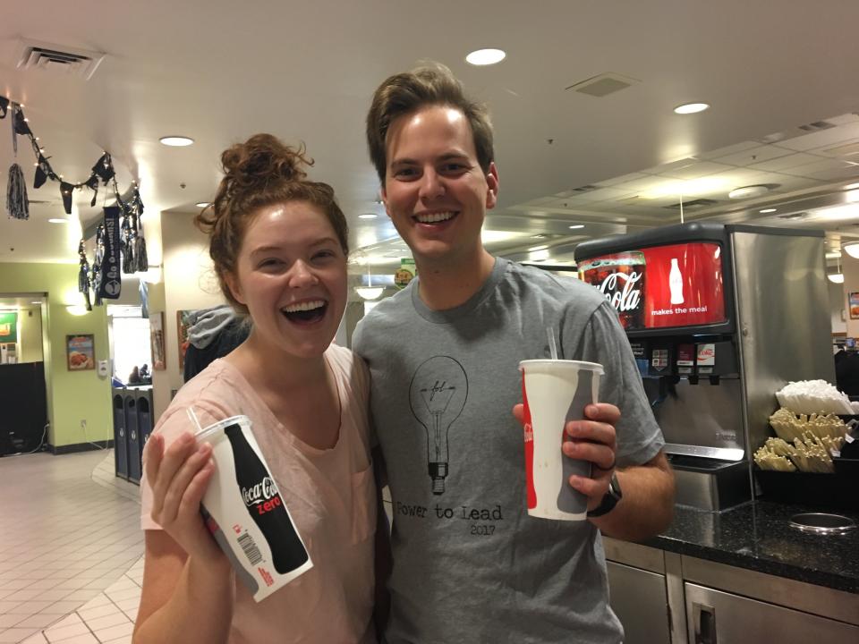 Rachel Densley, 22 and Alexander Ure, 23, make an early morning soda run at Brigham Young University.