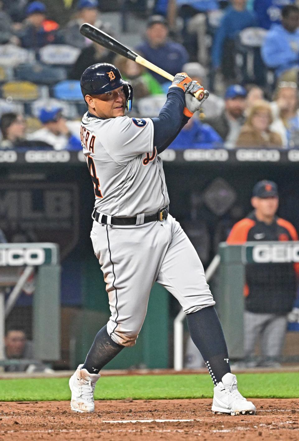 Detroit Tigers designated hitter Miguel Cabrera (24) singles during the sixth inning on Thursday, April 14, 2022, at Kauffman Stadium in Kansas City, Missouri.
