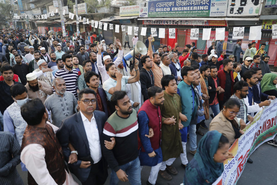 Gono Odhikar Porishod hold a protest calling for free and fair elections, in Dhaka, Bangladesh, Friday, Jan. 5, 2024. Bangladesh’s main opposition party called for general strikes on the weekend of the country's parliamentary election, urging voters to join its boycott. This year, ballot stations are opening amid an increasingly polarized political culture led by two powerful women; current Prime Minister Sheikh Hasina and opposition leader and former premier Khaleda Zia. (AP Photo/Mahmud Hossain Opu)