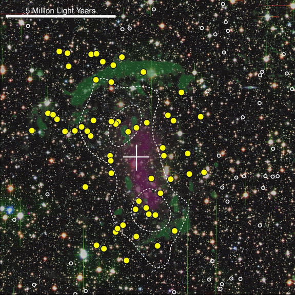 This composite image of the 'Sausage' merging galaxy cluster CIZA J2242.8+5310 was made using data from the Subaru and Canada France Hawaii Telescopes (CFHT). The white circles indicate galaxies outside of the cluster, while yellow circles are