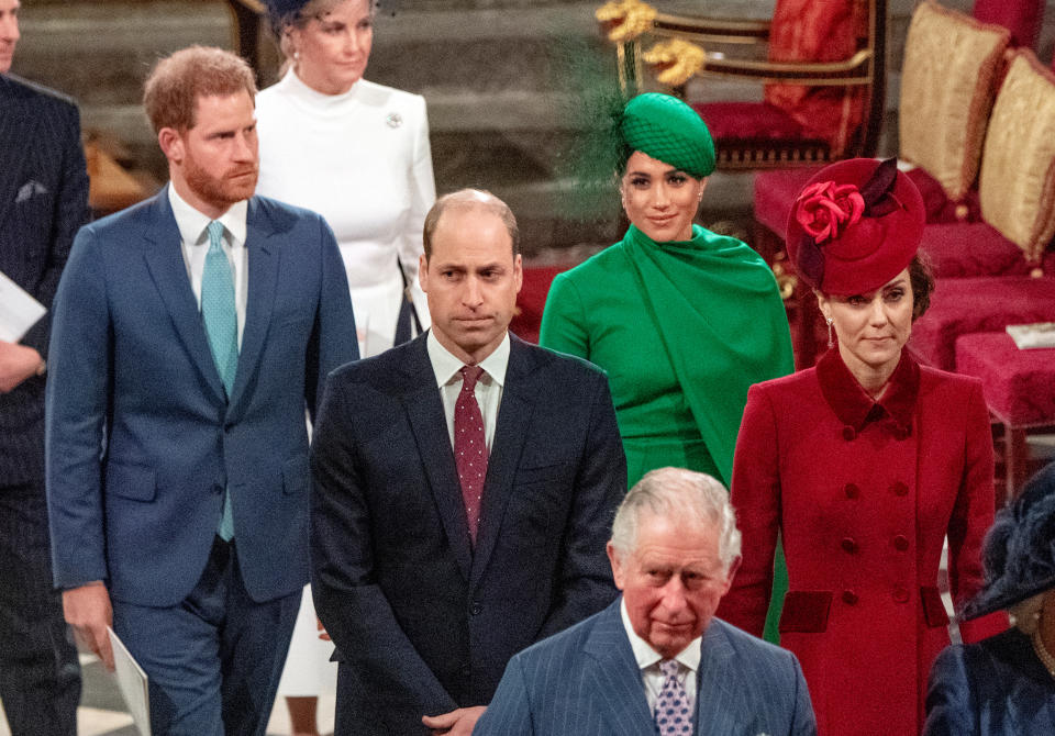 Meghan and Prince Harry during their last public appearance with Prince Charles, Prince William and Kate Middleton on March 9. (Photo: Phil Harris/Pool via REUTERS