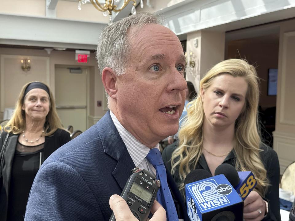 Wisconsin Republican Assembly Speaker Robin Vos derides supporters of former President Donald Trump who are trying to recall him from office as "whack jobs" and "morons" and predicted their effort would fail on Tuesday, March 19, 2024, during an event in Madison, Wis. (AP Photo/Scott Bauer)