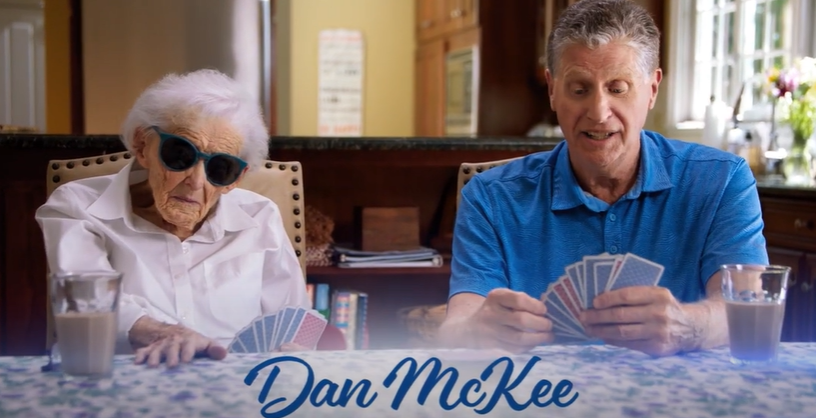 Gov. Dan McKee and his mother, Willa McKee, in the governor's new campaign TV commercial.
