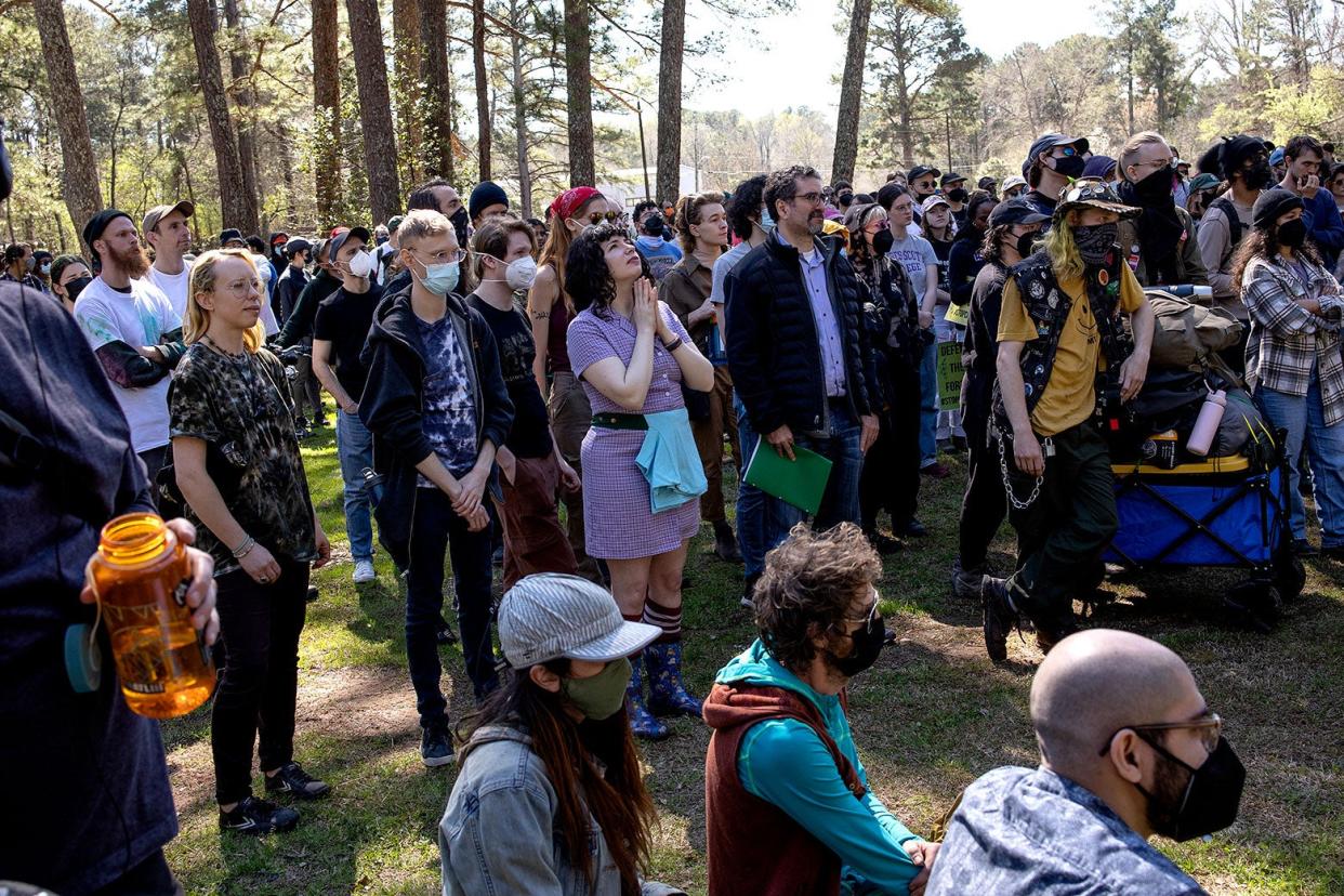 A group of activists stand in a forest.