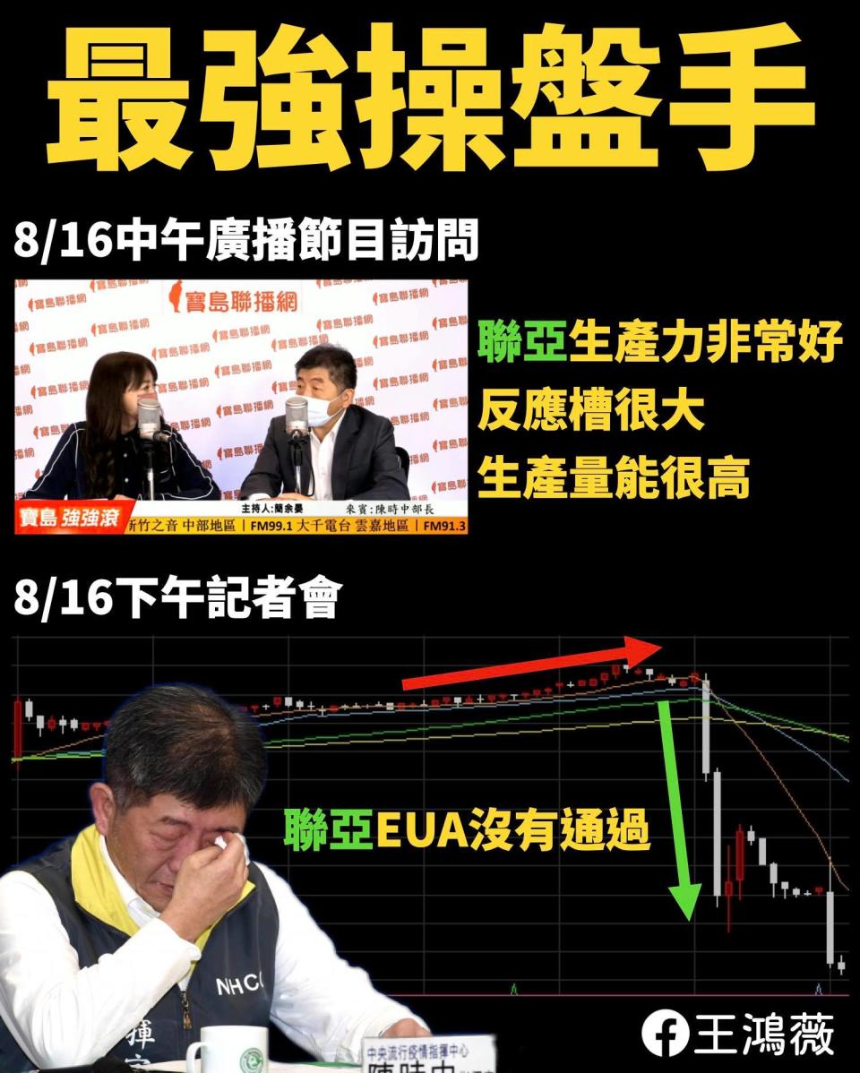 台北市議員王鴻薇批評陳時中是股市的最強操盤手。（圖／王鴻薇臉書）