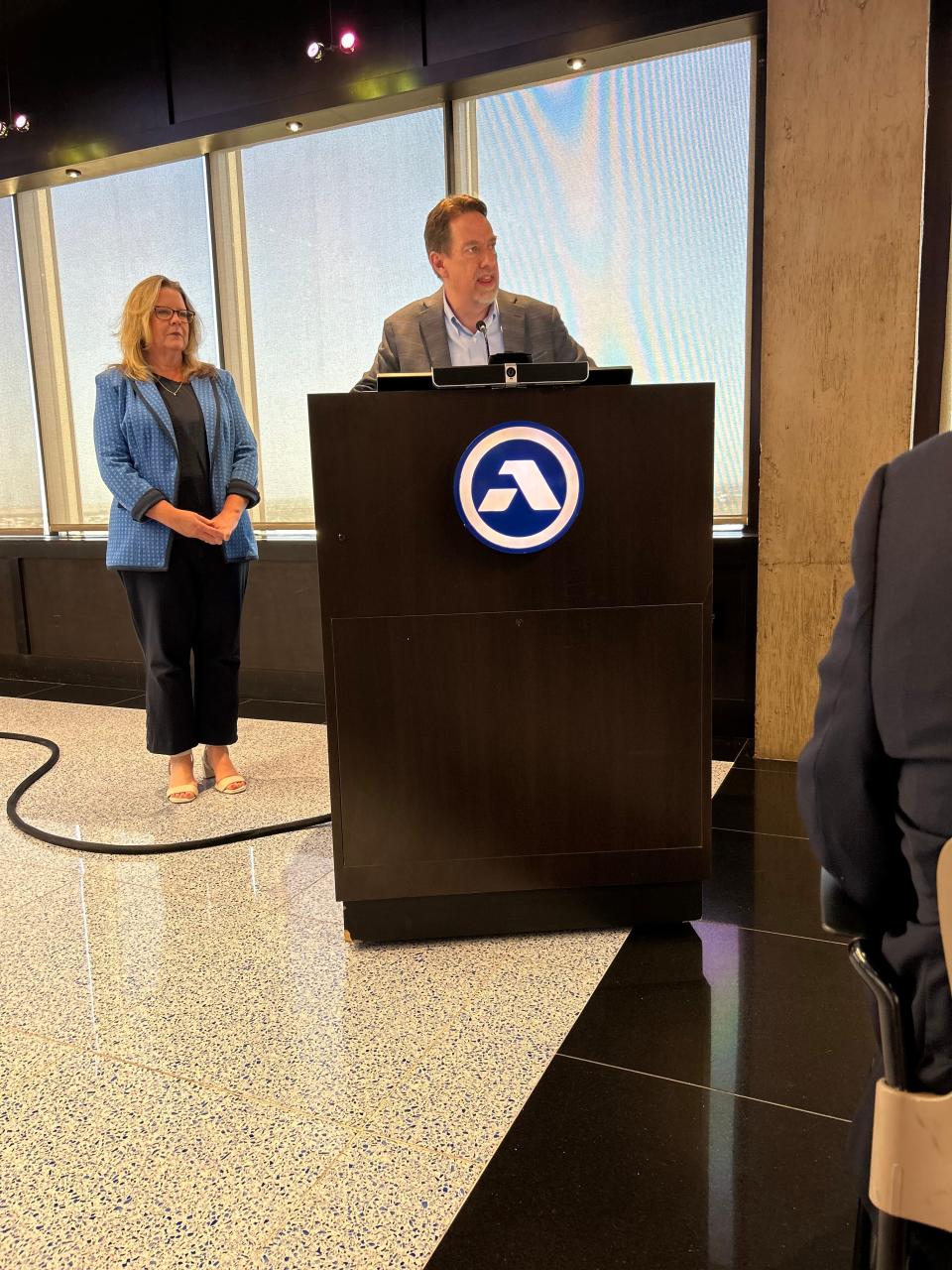 Scott Schalchin, deputy executive commissioner of the HHSC Health and Specialty Care System, introduces Kristy Carr, Associate Commissioner of HHSC, at a recent community meeting held at Amarillo National Bank's Skyline Room on the 16th Floor to discuss more information about the new Panhandle State Hospital coming to Amarillo.