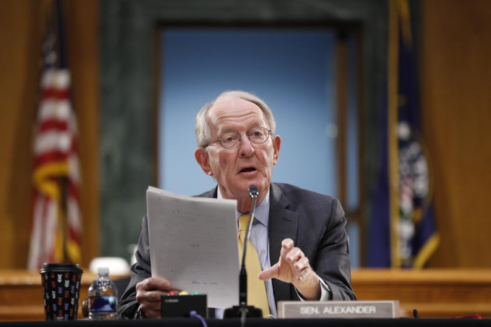 FILE - In this May 7, 2020 file photo, Chairman Sen. Lamar Alexander, R-Tenn., gives his opening statement during a Senate Health Education Labor and Pensions Committee hearing on new coronavirus tests on Capitol Hill in Washington. The Republican Senate Health committee chairman says the Trump administration should provide President-elect Joe Biden access to transition materials -- particularly on COVID vaccine distribution --- “to ensure a smooth” transfer of power. (AP Photo/Andrew Harnik, Pool)