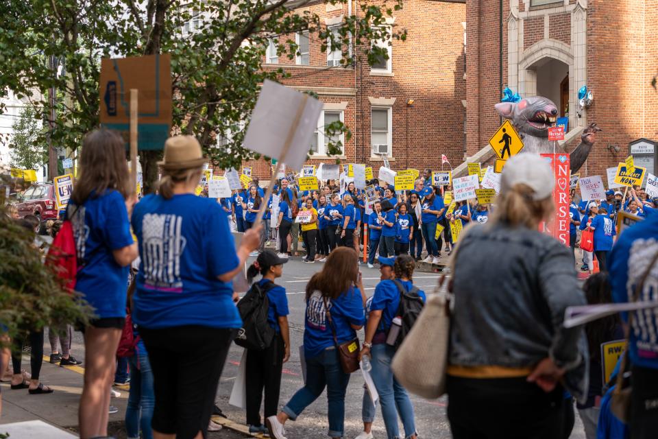 Hundreds of nurses lined up at the picket line at Robert Wood Johnson University Hospital in New Brunswick on Aug. 4, 2023.