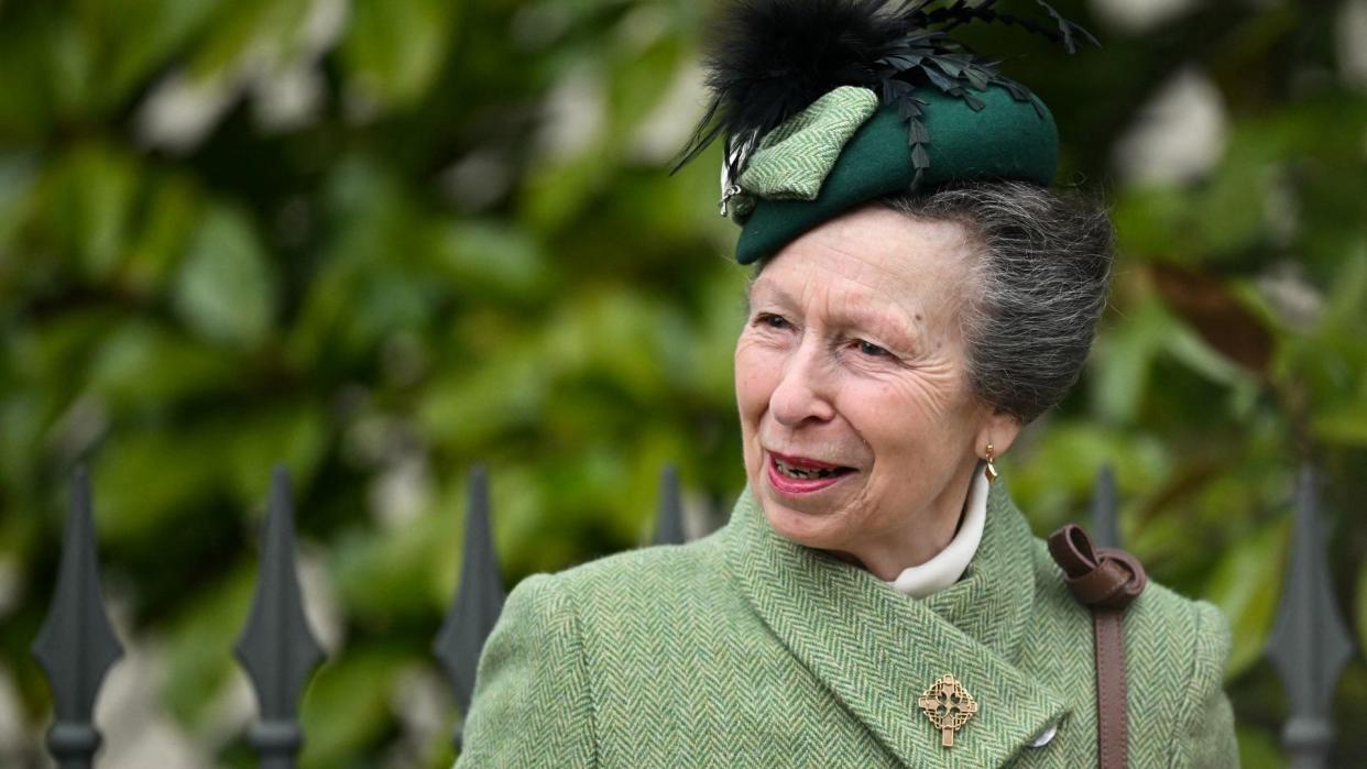 Princess Anne, Princess Royal reacts as she leaves St. George's Chapel, in Windsor Castle, after attending the Easter Mattins Service, on March 31, 2024