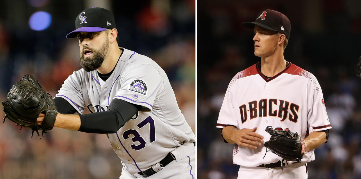 Pat Neshek (L) aired his beef with Zack Greinke on an online collecting forum. (AP/Getty Images)