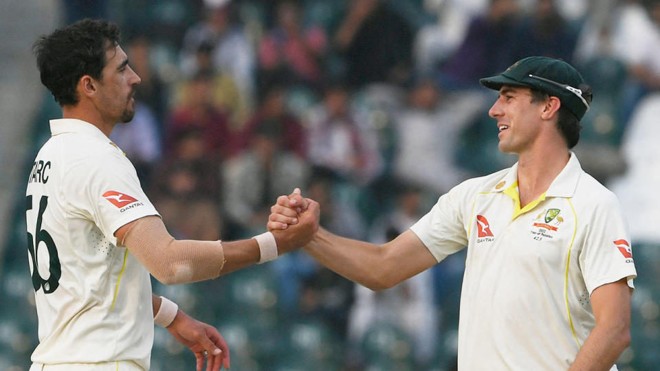 Mitchell Starc and Pat Cummins starred with the ball for Australia on day three of the third Test against Pakistan. Pic: Getty