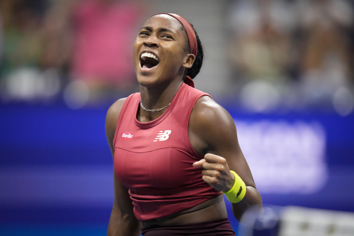 Coco Gauff, of the United States, reacts during a match against Aryna Sabalenka, of Belarus, during the women's singles final of the U.S. Open tennis championships, Saturday, Sept. 9, 2023, in New York. (AP Photo/Charles Krupa)