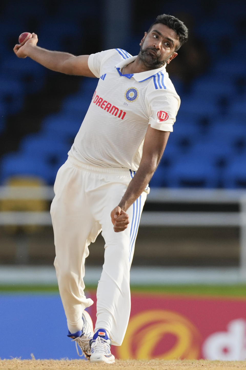 India's Ravichandran Ashwin bowls against West Indies on day four of their second cricket Test match at Queen's Park in Port of Spain, Trinidad and Tobago, Sunday, July 23, 2023. (AP Photo/Ricardo Mazalan)