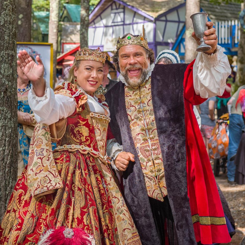 Costumed royals welcome visitors to King Richard's Faire in Carver, in 2019.