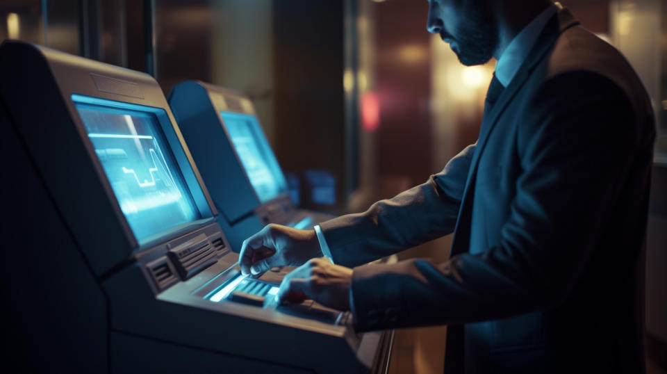 A close-up of a bank teller tapping away at a computer terminal, processing financial transactions.