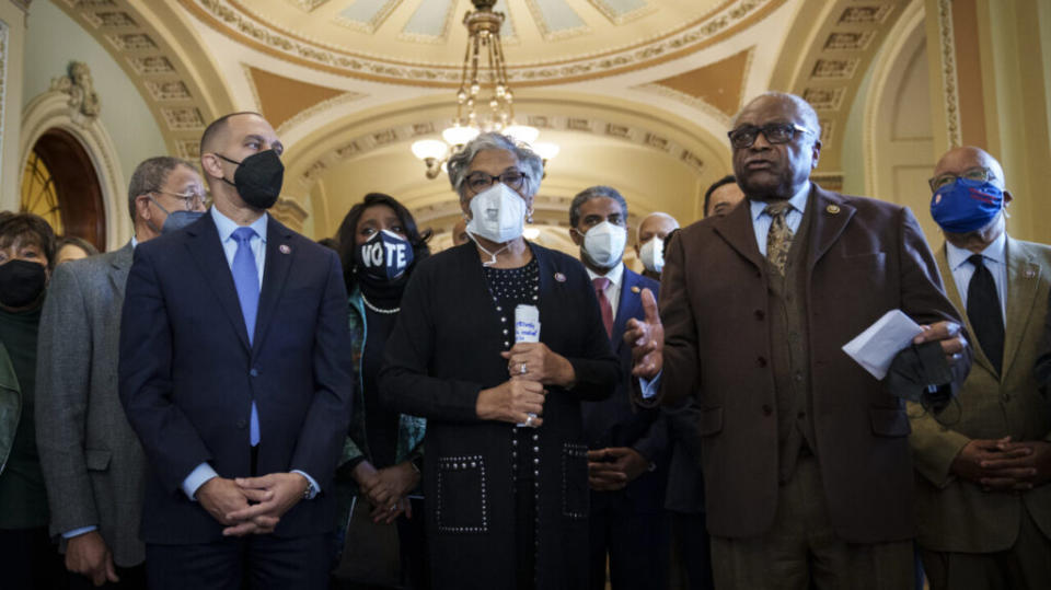 Standing with members of the Congressional Black Caucus, Rep. James Clyburn (D-SC) speaks to reporters about voting rights outside of the Senate Chamber at the U.S. Capitol on January 19, 2022 in Washington, DC. (Photo by Drew Angerer/Getty Images)