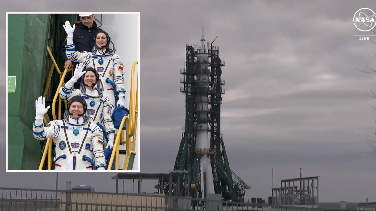  A Soyuz rocket carrying three astronauts is seen on the launch pad with the crew waving farewell in an inset. 