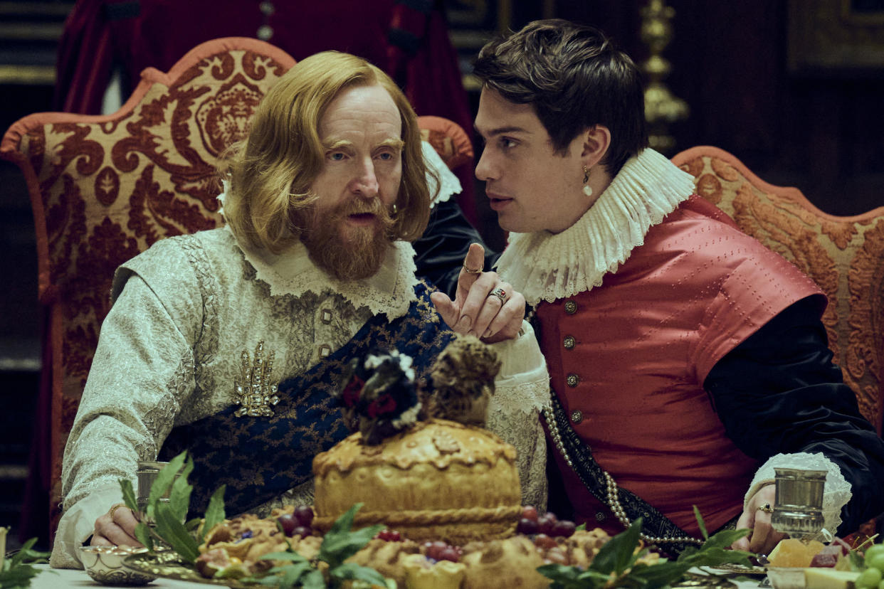Tony Curran as King James I and Nicholas Galitzine as George Villiers in 