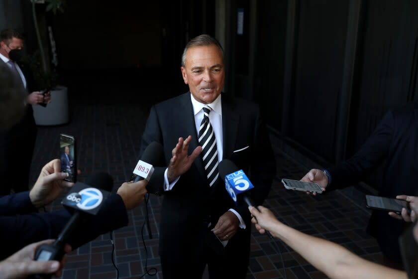 LOS ANGELES, CA - FEBRUARY 11: Rick Caruso meets the press after filing paper work to run for mayor of Los Angeles at the city clerks office at the Piper Tech building in downtown on Friday, Feb. 11, 2022 in Los Angeles, CA. (Gary Coronado / Los Angeles Times)