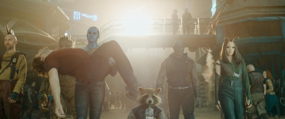 Sean Gunn as Kraglin, Groot (voiced by Vin Diesel), Chris Pratt as Peter Quill/Star-Lord, Karen Gillan as Nebula, Rocket (voiced by Bradley Cooper), Dave Bautista as Drax, and Pom Klementieff as Mantis in Guardians of the Galaxy Vol. 3. (Still: Marvel Studios)