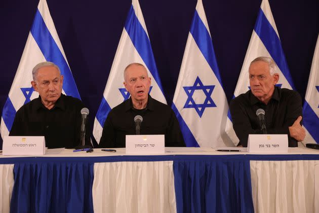Israeli Prime Minister Benjamin Netanyahu, Defense Minister Yoav Gallant and Cabinet Minister Benny Gantz speak during a news conference in the Kirya military base in Tel Aviv, Israel on Oct. 28, 2023.
