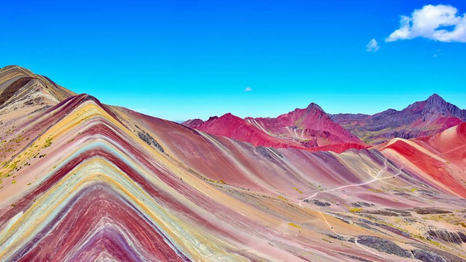 Vinicunca Mountain, also known as Rainbow Mountain, in the Cusco region, Peru.