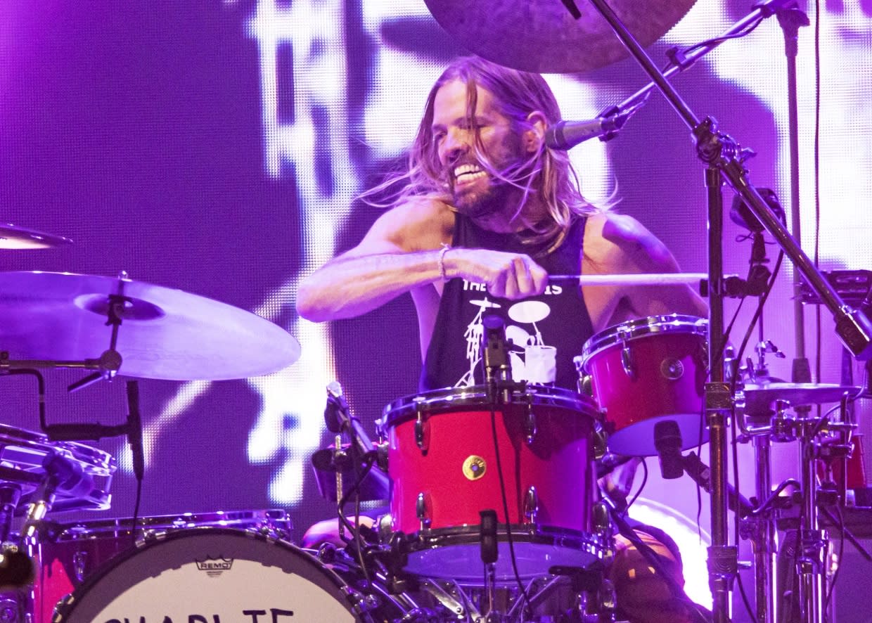 Taylor Hawkins of the Foo Fighters performs at the Shaky Knees Festival in Atlanta on Oct. 22, 2021. (Scott Legato / Getty Images file)