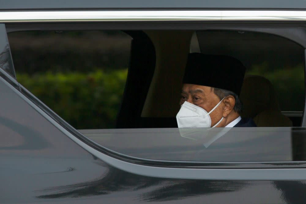 Prime Minister Tan Sri Muhyiddin Yassin is seen arriving at Istana Negara for an audience with the Yang di-Pertuan Agong in Kuala Lumpur August 4, 2021. — Picture by Yusof Mat Isa