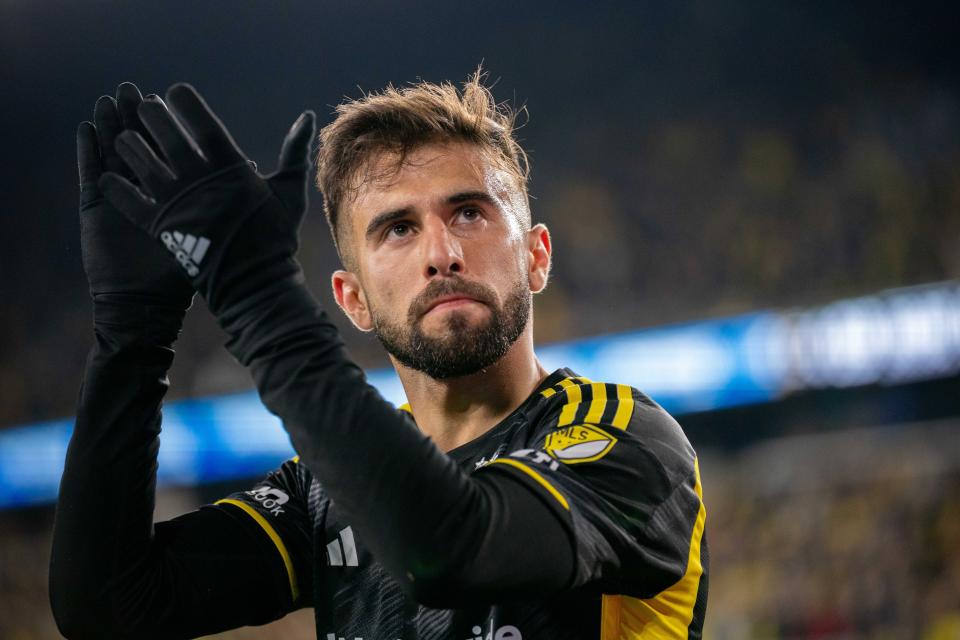 Crew forward Diego Rossi applauds the crowd as he leaves the field during a game against Atlanta on Nov. 12.