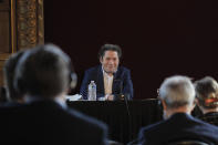 Venezuelan conductor Gustavo Dudamel delivers a press conference at the Palais Garnier opera house, in Paris Friday, April 16, 2021. The Paris Opera announced the arrival of Gustavo Dudamel as music director for six seasons. (AP Photo/Christophe Ena)