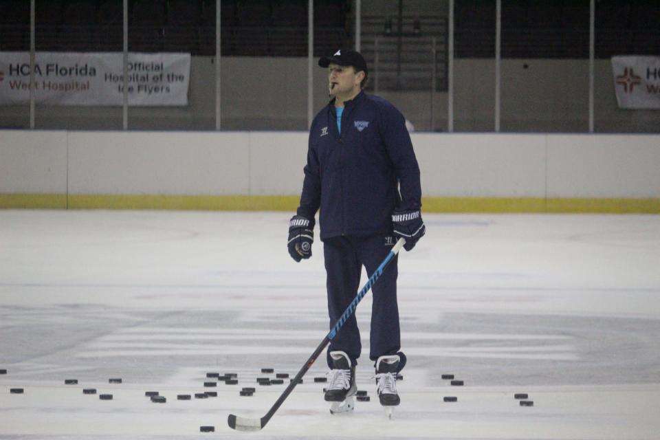 Pensacola Ice Flyers head coach Gary Graham watches practice at the Pensacola Bay Center on Tuesday, Oct. 17, 2023.