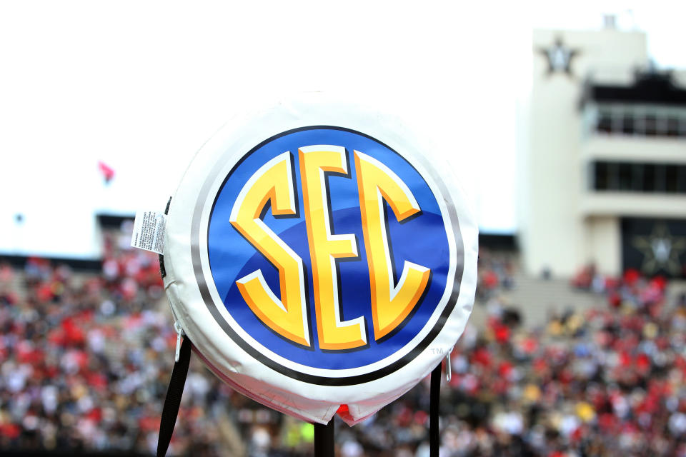 NASHVILLE, TN - SEPTEMBER 25: A Southeastern Conference logo on a down marker during a game between the Vanderbilt Commodores and Georgia Bulldogs, Saturday, September 25, 2021, at Vanderbilt Stadium in Nashville, Tennessee. (Photo by Matthew Maxey/Icon Sportswire via Getty Images)