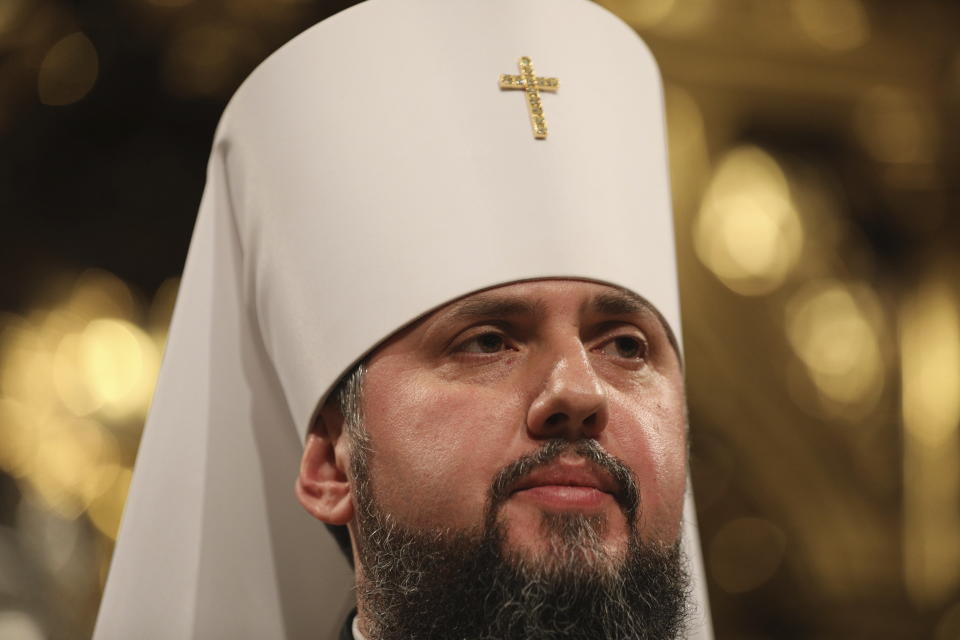 Ukrainian new head of Ukrainian Orthodox church Metropolitan Epiphanius speaks during a closed-door synod of three Ukrainian Orthodox churches to approve the charter for a unified church and to elect leadership in the St. Sophia Cathedral in Kiev, Ukraine, Saturday, Dec. 15, 2018. Ukrainian Orthodox leaders on Saturday approved the creation of a unified church independent of the Moscow Patriarchate and elected a leader to head the new church, officials said. The leader of the new autocephalous Ukrainian Orthodox Church will be Metropolitan Epiphanius, a 39-year-old bishop from the Kiev Patriarchate. (Mikhail Palinchak, Ukrainian Presidential Press Service/Pool Photo via AP)