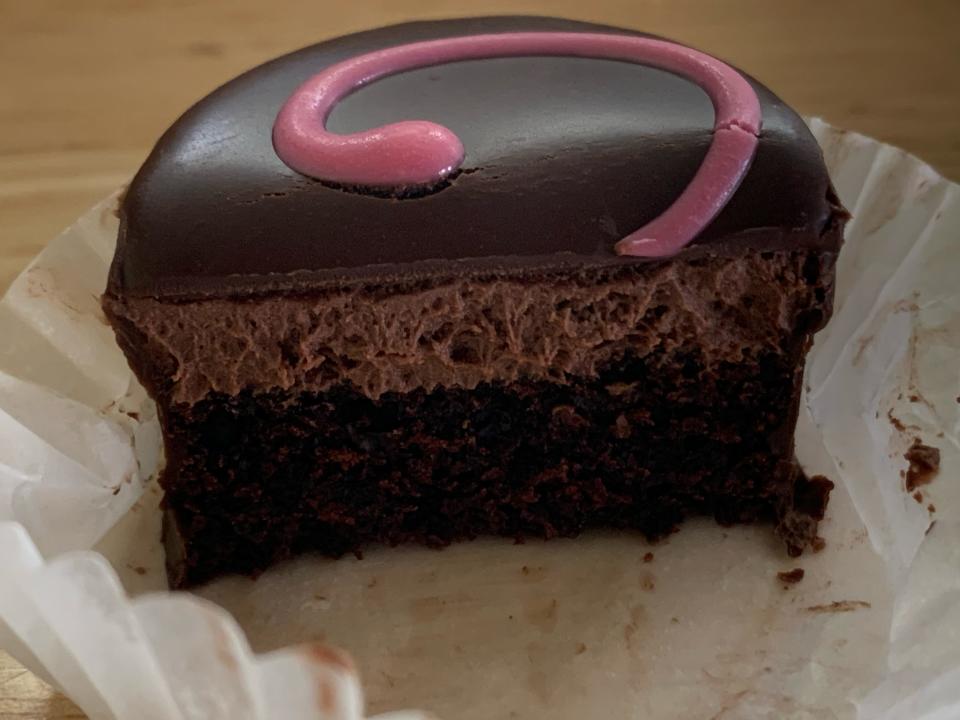 A chocolate mousse egg from trader joe's cut in half
