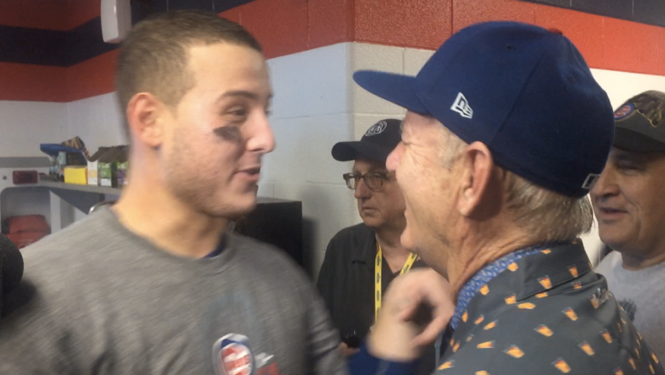 Anthony Rizzo and Bill Murray talking after the Cubs World Series win. (Mike Oz / Yahoo Sports)