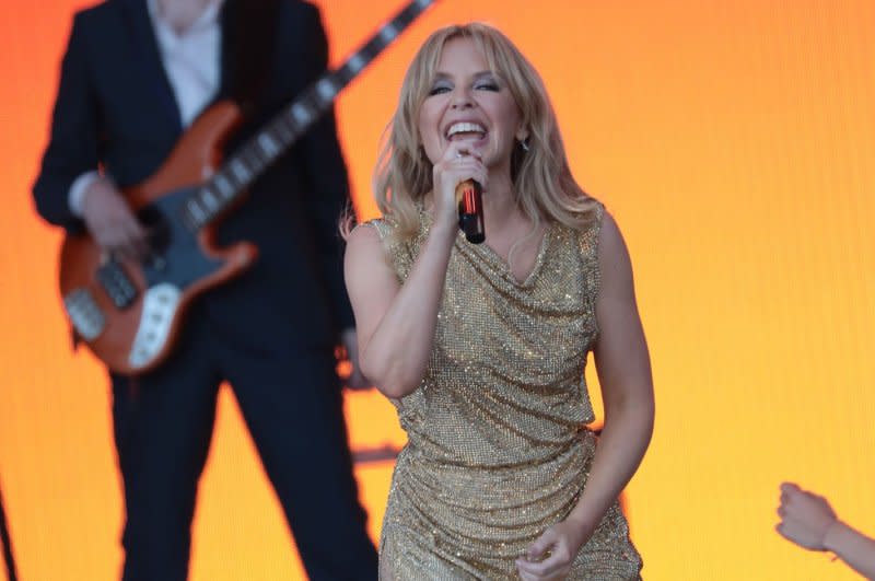 Kylie Minogue performs at Glastonbury Festival in 2019. File Photo by Hugo Philpott/UPI