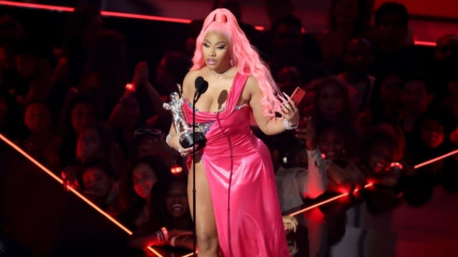 Nicki Minaj, accepting the award for best hip-hop award for “Do We Have a Problem?” at the 2022 MTV VMAs, is nominated this year for five awards, including video of the year and artist of the year. (Photo: Arturo Holmes/Getty Images)