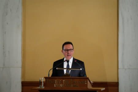 Bank of Greece Governor Yannis Stournaras speaks during the annual meeting of the bank's shareholders in Athens, Greece February 26, 2018. REUTERS/Costas Baltas