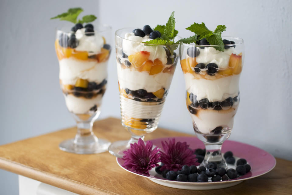 In this image taken on April 15, 2013, easy blueberry-peach mousse parfaits are shown in Concord, N.H. (AP Photo/Matthew Mead)