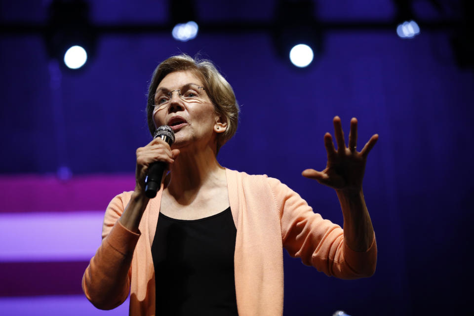 Democratic presidential candidate Sen. Elizabeth Warren, D-Mass., speaks at a campaign event with performer John Legend, Wednesday, Feb. 26, 2020, at Charleston Music Hall in Charleston, S.C. (AP Photo/Patrick Semansky)