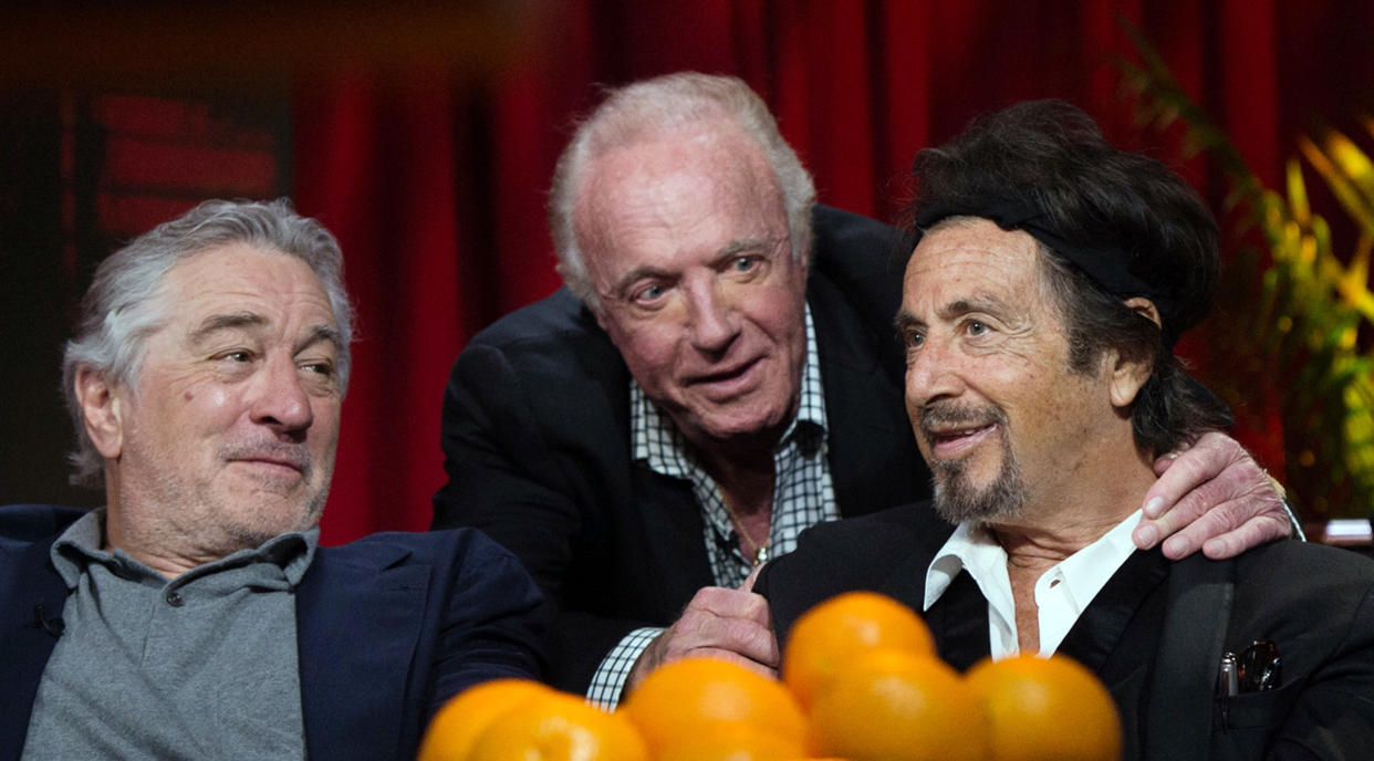 Caan, center, with Pacino, right, and De Niro, left, in April 2017. (Nathan Congleton / NBCU Photo Bank / Getty Images)