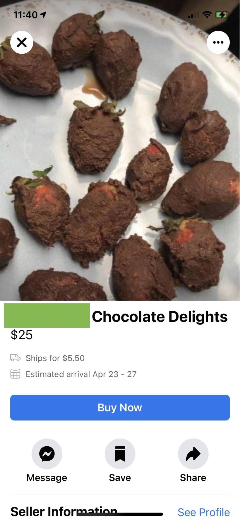 Screen capture of a marketplace listing showing chocolate-covered strawberries on a plate with price and shipping details