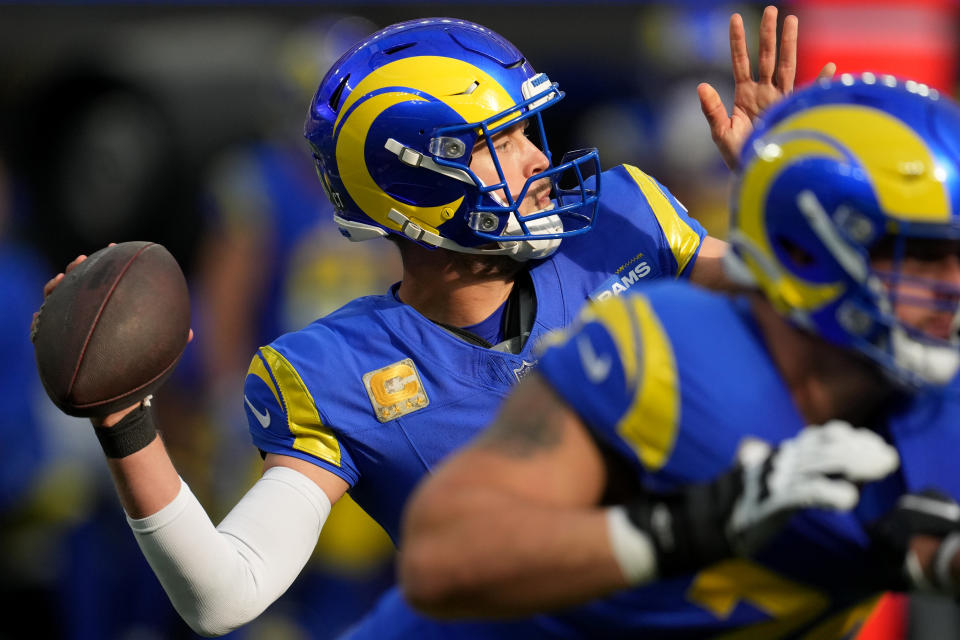 Nov 19, 2023; Inglewood, California, USA; Los Angeles Rams quarterback Matthew Stafford (9) passes in the first quarter against the Seattle Seahawks at SoFi Stadium. Mandatory Credit: Kirby Lee-USA TODAY Sports