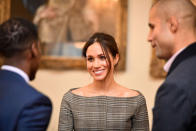 <p>Meghan wears a boat neck check Theory jacket while visiting Cardiff Castle on Jan. 18, 2018. (Photo: Ben Birchall/AFP/Getty Images) </p>