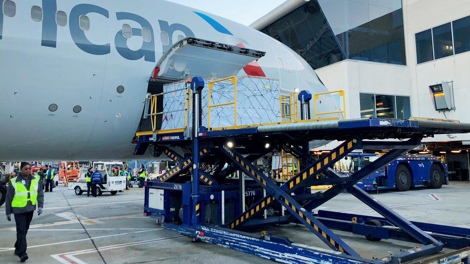 Cargo being loaded onto an American Airlines airplane.