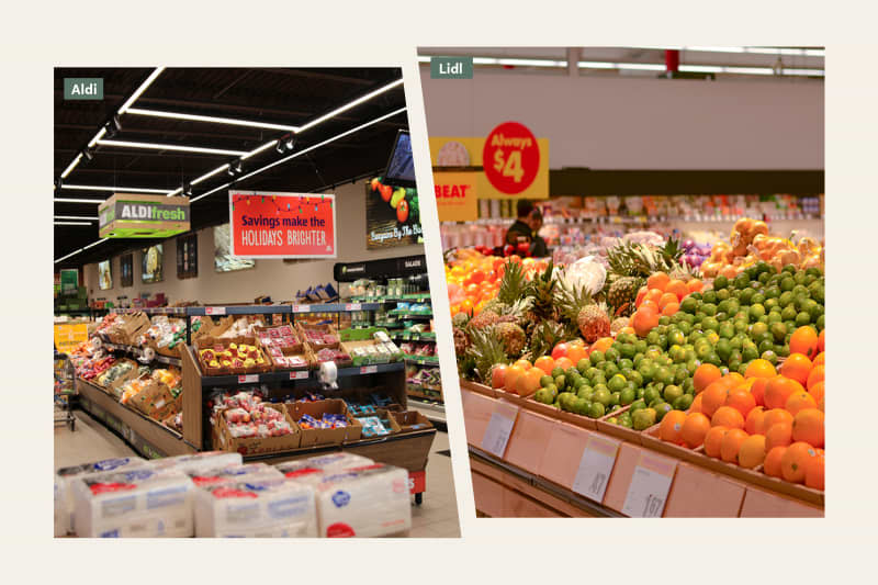 Left: Dayton Ohio March 29, 2021 Customer shops in Aldi Grocery Market during Covid-19 pandemic.

Right: Supermarket Retail Store Assortment of fruits & vegetables shelves in aisles decorated by visual merchandisers. Modern stores use display marketing methods to attract buyers