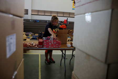 A volunteer prepares donations to be delivered to the people affected by Hurricane Maria in the Trujillo Alto municipality outside of San Juan, Puerto Rico, October 9, 2017. REUTERS/Shannon Stapleton